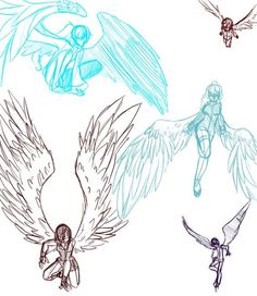 four different types of wings with the words how to draw flying easy on them in blue and