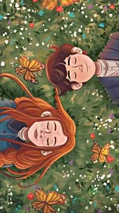 two people laying in the grass with butterflies around them and one has his eyes closed