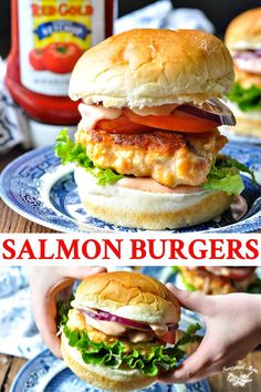 salmon burgers with lettuce, tomato and mayonnaise on buns