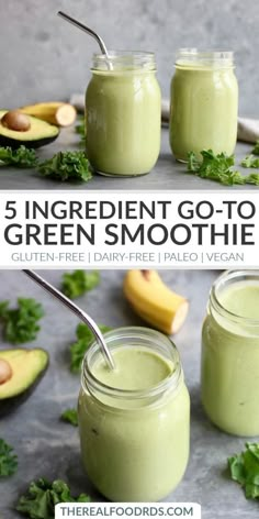 three jars filled with green smoothie next to sliced avocado