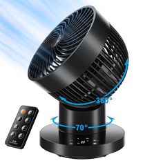 an image of a black fan and remote control on a white background with blue lines