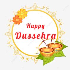 happy dussera greeting card with two candles and flowers on white background, illustration, cartoon