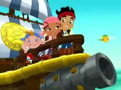 two children are riding on the back of a pirate ship while another child looks on