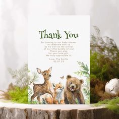 a thank card with an image of two bears and a baby deer in the woods