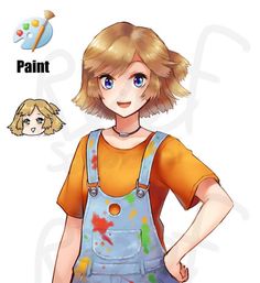 a girl with blonde hair and blue overalls