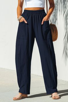 The Navy High Waist Tapered Pant is ready for warmer weather. Crafted from soft woven fabrication, this pair of tapered pants features an elasticized high-rise waist for everyday comfort. Product code: CAA02D4C002UU Features:  Woven Elasticized high-rise waist Side patch pockets Tapered leg Material: 100%COTTON Lining: 92% Polyester, 8% Spandex. High-waisted Pants With Elastic Waistband For Beach Season, Non-stretch Pants With Elastic Waistband For Beach Season, Blue Non-stretch Vacation Pants, Casual High-waisted Parachute Pants With Elastic Waistband, Summer Pants For Women, Spring High-waist Parachute Pants With Elastic Waistband, Navy Linen Pants, Tapered Pant, Affordable Swimwear