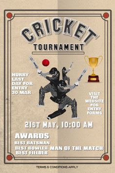 the cricket tournament flyer is shown with an image of a man holding a ball and two trophies