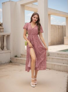 Olivia Mark - Floral Print Maxi Dress with Deep V-Neck Short Sleeves and Split Hem Terry Cloth Dress, Short Maxi Dress, Cotton Blends Dress, Floral Print Maxi Dress, Home Dress, Floral Print Maxi, Hem Skirt, Cover Up Dress, Printed Maxi