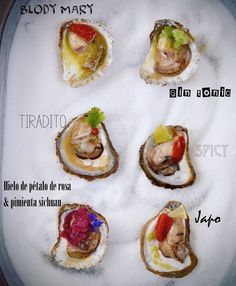 several types of oysters on a white plate