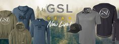 several hoodies, sweatshirts and hats are displayed in front of an advertisement for glsl gear