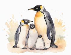 three penguins are standing next to each other in watercolor and ink on white paper