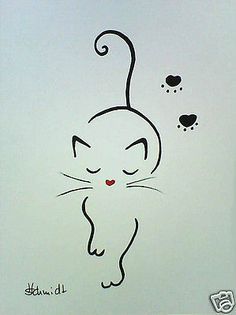 a drawing of a cat with hearts on it's tail and eyes drawn in black ink