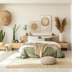 a bedroom with white walls and flooring has plants on the wall above the bed