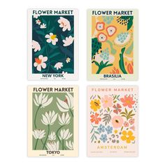 four different flower market cards with flowers on them