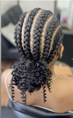 Cornrows bun braided hairstyle curly hair low bun slick clean hair braids Braided Cornrow Hairstyles With Beads, Stitch Braids Cornrows With Bun, Curly Cornrows Braids, Cornrow Hairstyles With Beads, Curly Hair Low Bun, Feed In Braids Into Low Bun, Cornrow Bob, Cornrows Bun, 6 Feed In Braids Hairstyles