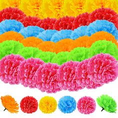 multicolored tissue pom poms are arranged in rows and on top of each other