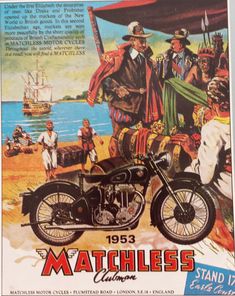 an advertisement for a motorcycle with two men on the back and one man standing next to it