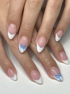 Funky Nails, Pretty Acrylic Nails, Short Acrylic Nails, Blue Bow, Cute Acrylic Nails, Blue Nails