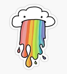 a sticker with a rainbow driping out of it's bottom and clouds above