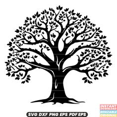 an image of a tree with leaves on it and the words svg dxf eps