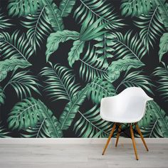 Black and green dark tropical leaf wall mural by WallpaperMural.com Dark Leafy Wallpaper, Look Tropical, Kids Bedroom Wallpaper, Tropical Furniture, Dark Tropical, Vinyl Wall Covering, Light Furniture, Tropical Art Deco, Tree Wall Murals