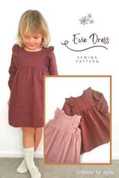 Evie Dress sewing pattern (6/9mths to 8yrs). This easy-fitting dress with a round neck has a lot of excellent features including a gathered skirt at the empire waist, ruffled bodice, and back button closure. You can make this dress with long sleeves with elasticated cuffs or sleeveless. Self-bias binding finishes the armholes and neckline. SewModernKids Toddler Girl Winter Dress, Baby Dress Sewing Patterns Free, Childrens Clothes Sewing Patterns Free, Easy Girls Dress Pattern Free, Diy Girls Clothes, Sewing Patterns Baby Clothes