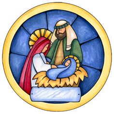 a stained glass nativity scene depicting jesus and baby jesus in the mangero