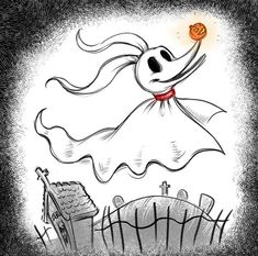 a drawing of a ghost with a pumpkin in its mouth, flying through the air