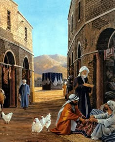 an old painting of people and chickens on the street in front of buildings with clothes hanging up to dry