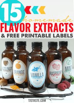 five bottles of flavored syrup with the title 15 x flavor extra flavors and free printable labels