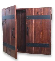 an open wooden box with metal handles and latches on the doors is shown against a white background