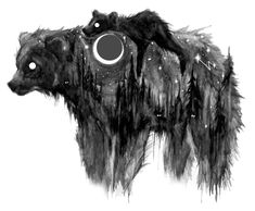 a black and white drawing of a bear with an eyeball in it's mouth