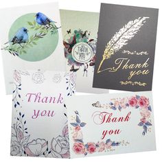 four thank you cards with flowers and birds on them, all in different colors that say thank you