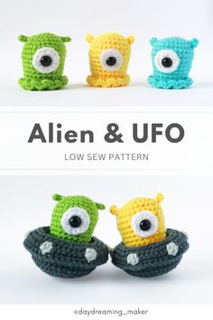 three crocheted toy toys with eyes and mouths