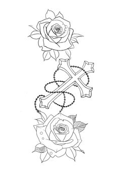 a cross and two roses tattoo design