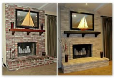 two pictures of a brick fireplace with a sailboat on the mantel