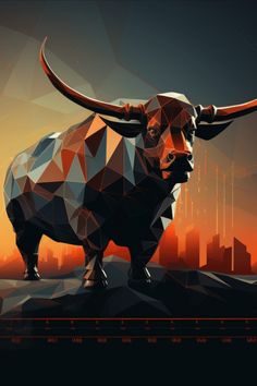 a bull with long horns standing on top of a hill in front of a city