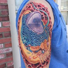 a man's arm with a colorful tattoo on it and an image of a heart in the middle