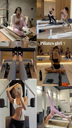 there are many pictures of women doing pilatess on the floor and in the gym