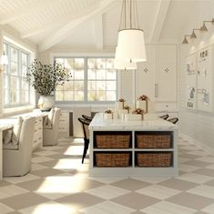 a large kitchen with white cabinets and checkered flooring on the walls is shown