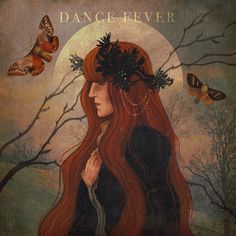 a painting of a woman with red hair and butterflies on her head