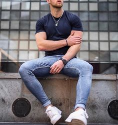 Men’s T Shirt And Jeans Outfit, Mens Jeans Tshirt Style, Mens Going Out Outfit Night, Men’s Relaxed Jeans Outfit, Men’s Dark Wash Jeans Outfit, Men Shirtless With Jeans, Blue Jeans Outfit Men, Sporty Outfits Men, Jeans And T Shirt Outfit