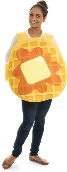 a woman is wearing a waffle costume