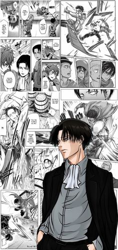 an anime character with black hair and gray shirt in front of a comic page,