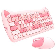 a pink computer keyboard and mouse on a white background