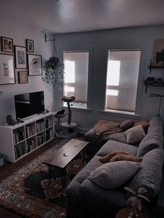 a living room filled with furniture and lots of windows