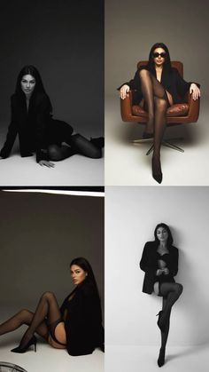 four different pictures of women in black clothing and stockings, one sitting on a chair