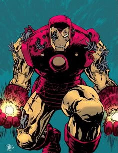 the iron man from avengers comics, with his hands on his chest and fists out