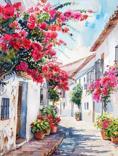 a painting of a street with potted flowers