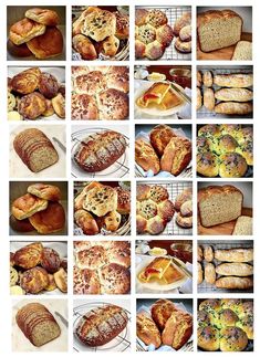 many different types of breads and pastries are shown in this photo collage